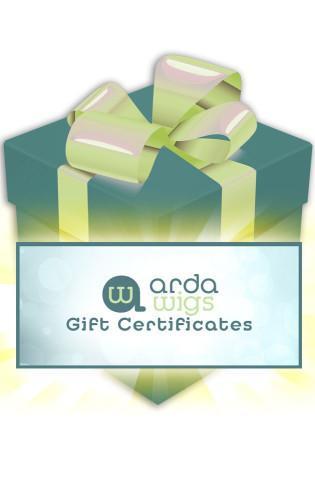 An electronic gift card from Arda Wigs USA with a green and pink bow design and the brand's logo.